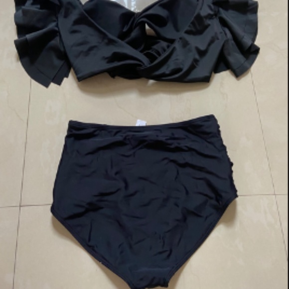 Puff Short Sleeves Bikini Set BLACK, high waist bottom size S - Picture 4 of 4